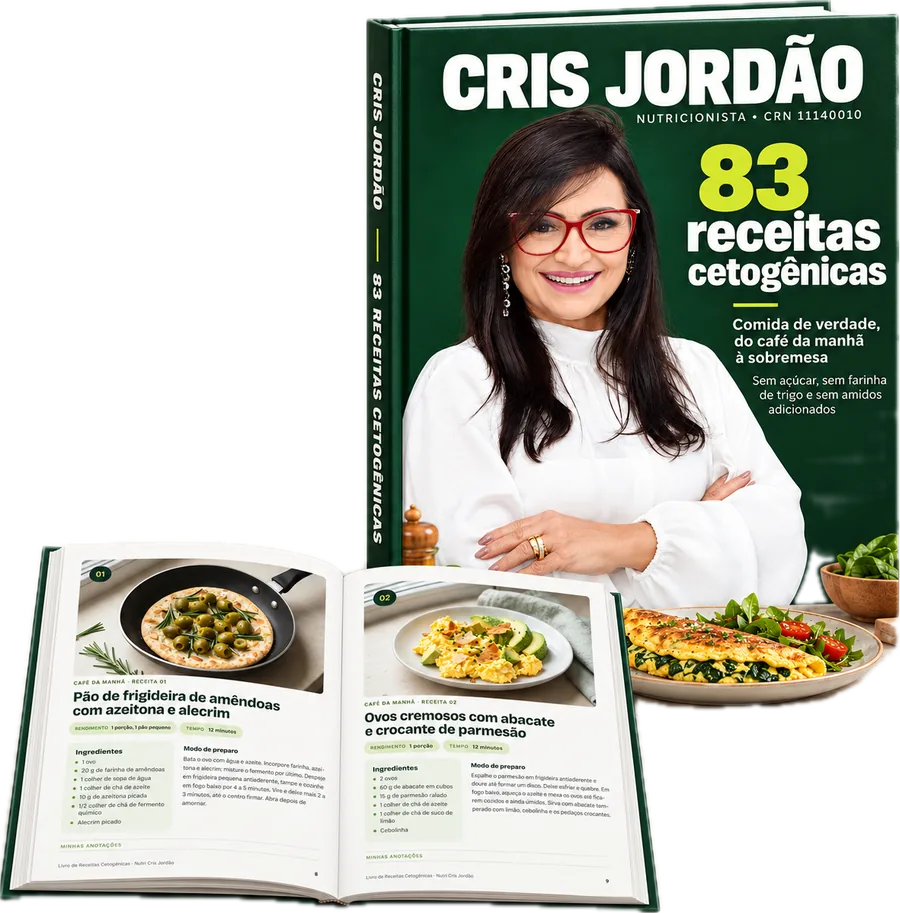 Capa do livro 83 receitas cetogênicas, de Cris Jordão, e o livro aberto em duas receitas