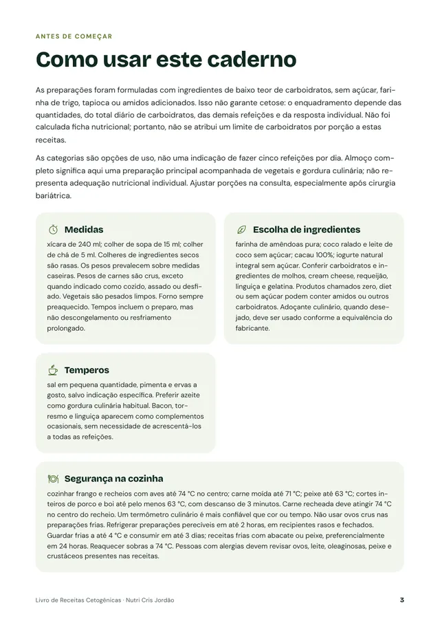 Página Como usar este caderno, com medidas, escolha de ingredientes, temperos e segurança na cozinha