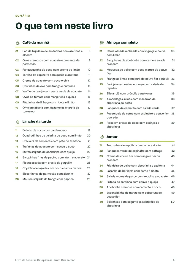Página do sumário, com as receitas numeradas por capítulo