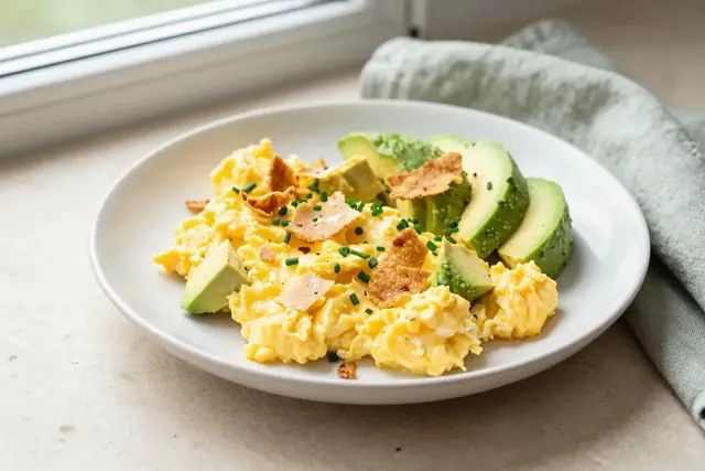 Ovos mexidos cremosos com abacate em cubos e farelo crocante de parmesão