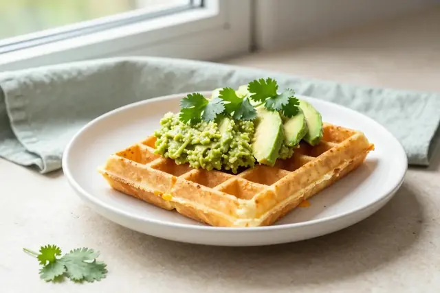 Waffle de queijo coberto com pasta verde de abacate