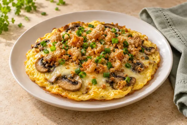 Omelete aberta com cogumelos e farofa de torresmo