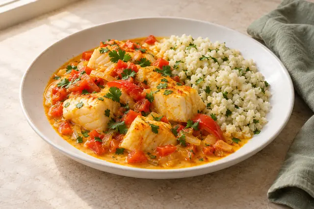 Moqueca de peixe com coco servida com arroz de couve-flor