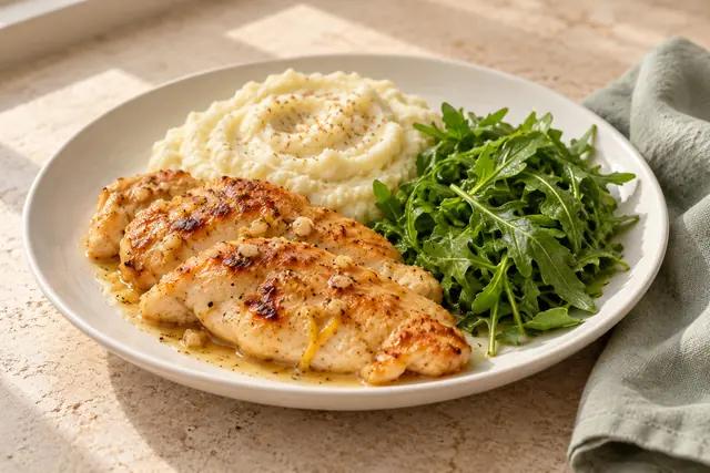 Frango ao limão com purê de couve-flor e rúcula