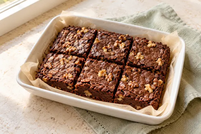 Brownie de cacau com nozes cortado em quadrados